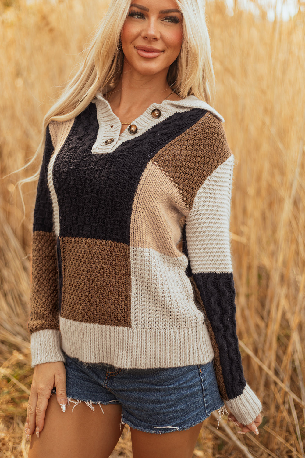 Paige Cable Knit Sleeve Buttons Collared Sweater