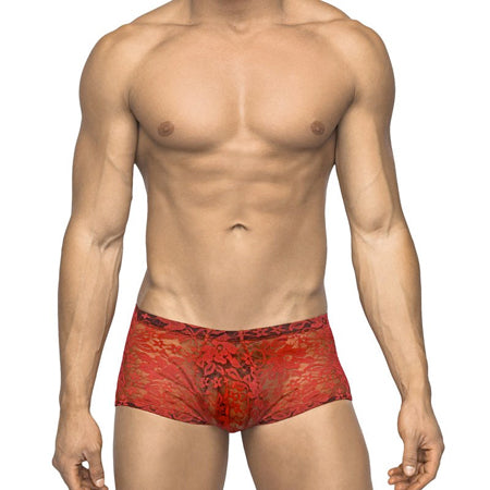 Male Power Stretch Lace Mini Short Red X-Large-0