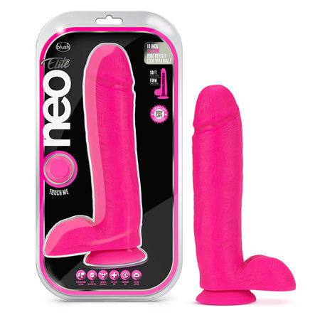 Neo Elite 10 in. Silicone Dual Density Dildo with Balls Neon Pink