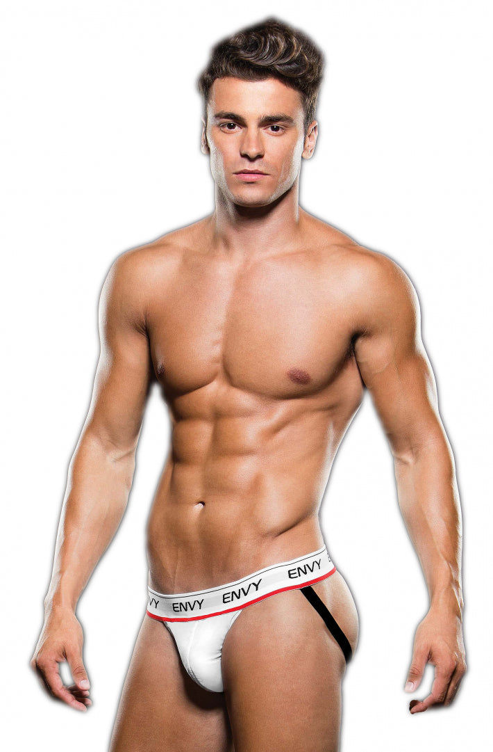 MENS UNDERWEAR LOGO ELASTIC LOWRISE MESH JOCK WHITE- ENVY 71012-1